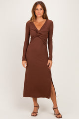 Brown Knotted V-Neck Side Slit Long Sleeve Maternity Dress