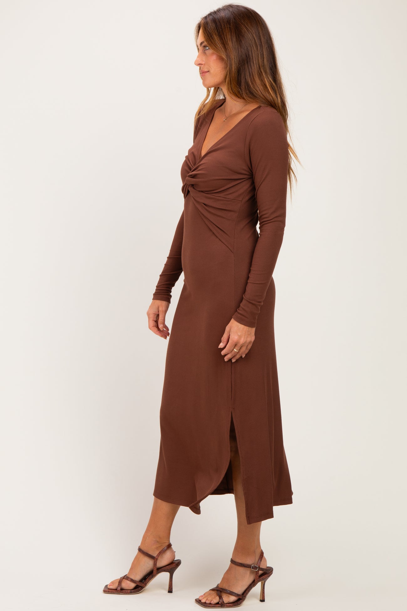 Brown Knotted V-Neck Side Slit Long Sleeve Dress