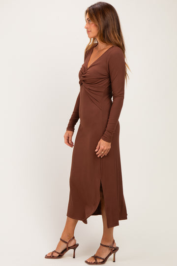 Brown Knotted V-Neck Side Slit Long Sleeve Dress
