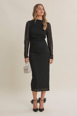 Black Fitted Lace Midi Dress