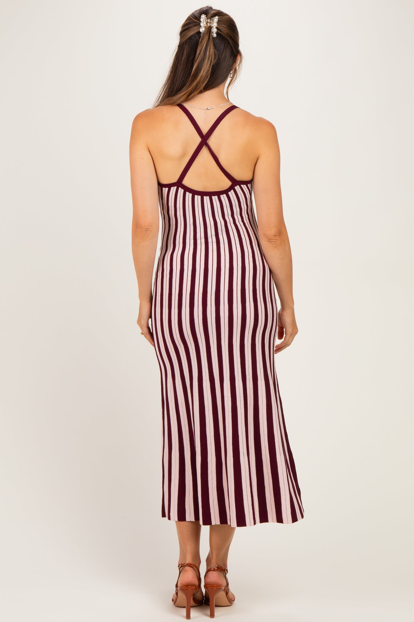 Plum Striped Knit Fitted Maternity Midi Dress