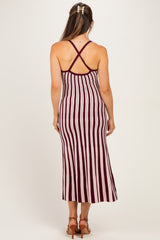Plum Striped Knit Fitted Maternity Midi Dress