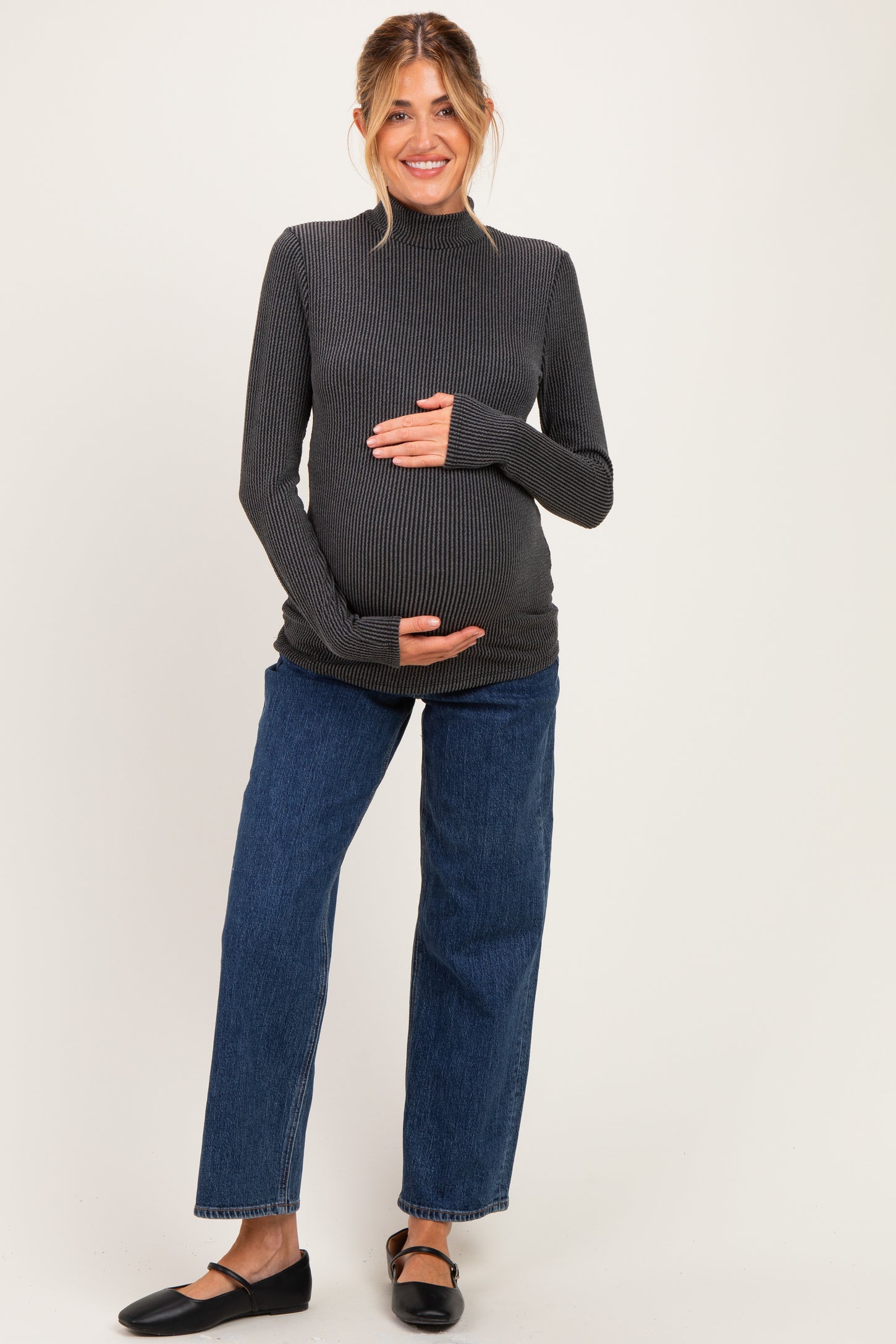 Charcoal Ribbed Fitted Mock Neck Long Sleeve Maternity Top
