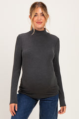 Charcoal Ribbed Fitted Mock Neck Long Sleeve Maternity Top