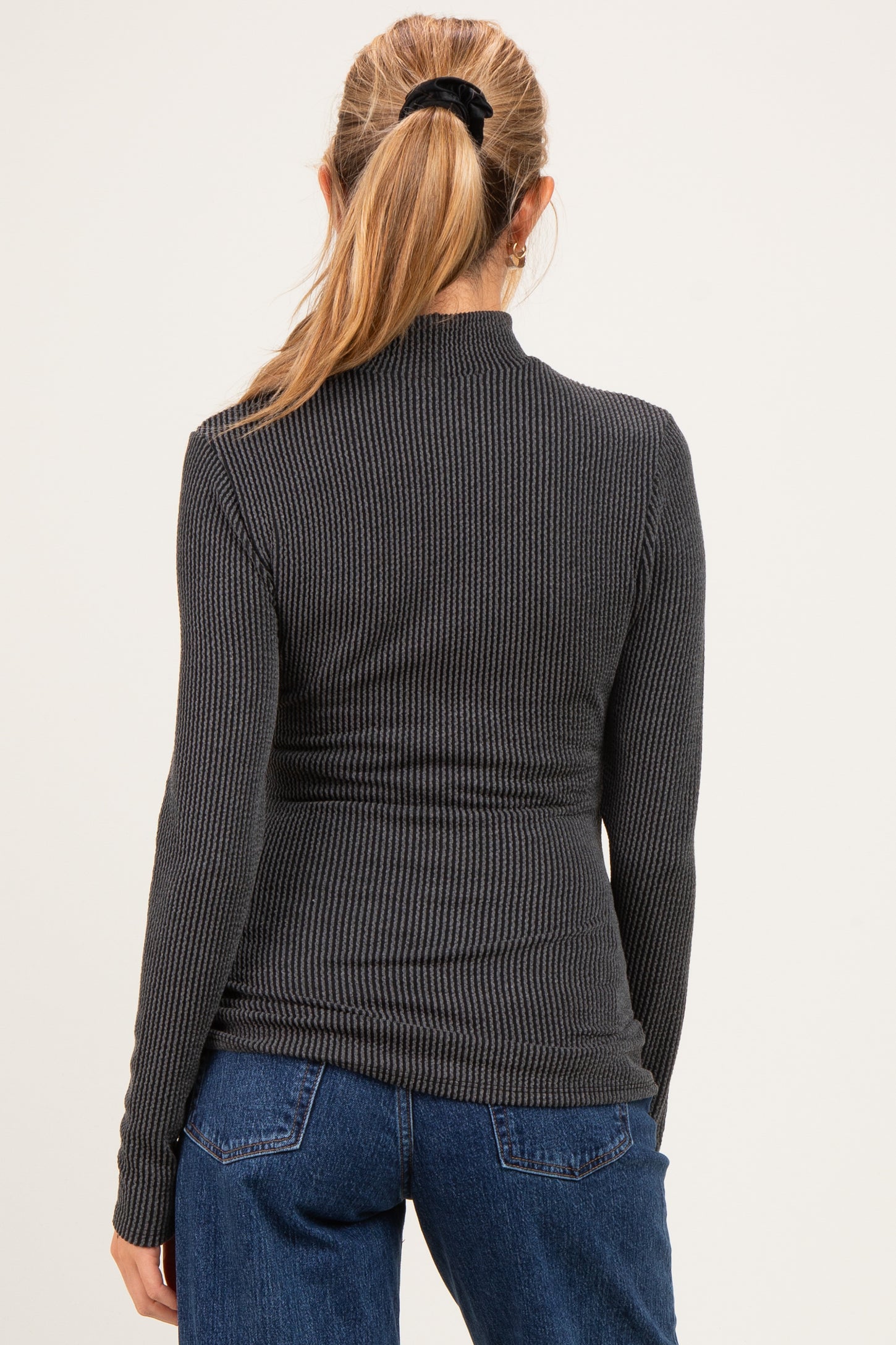 Charcoal Ribbed Fitted Mock Neck Long Sleeve Maternity Top