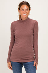 Brown Ribbed Fitted Mock Neck Long Sleeve Maternity Top