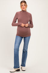 Brown Ribbed Fitted Mock Neck Long Sleeve Maternity Top