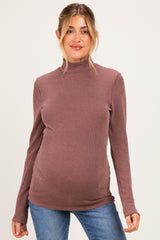 Brown Ribbed Fitted Mock Neck Long Sleeve Maternity Top