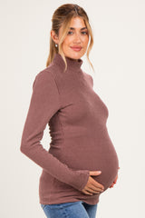 Brown Ribbed Fitted Mock Neck Long Sleeve Maternity Top