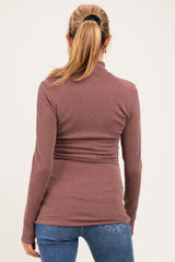 Brown Ribbed Fitted Mock Neck Long Sleeve Maternity Top