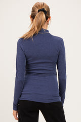 Navy Ribbed Fitted Mock Neck Long Sleeve Maternity Top