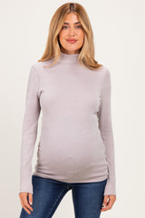 Beige Ribbed Fitted Mock Neck Long Sleeve Maternity Top