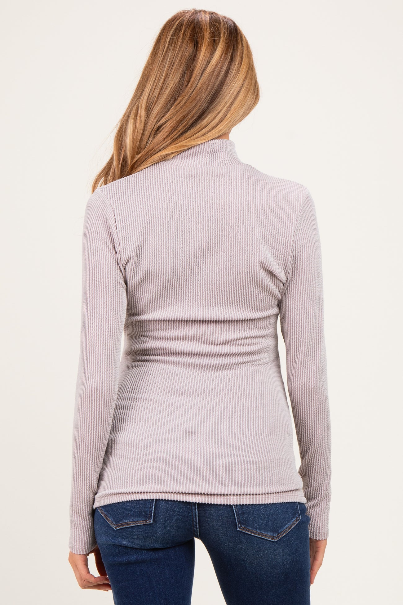 Beige Ribbed Fitted Mock Neck Long Sleeve Maternity Top