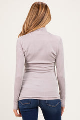 Beige Ribbed Fitted Mock Neck Long Sleeve Maternity Top