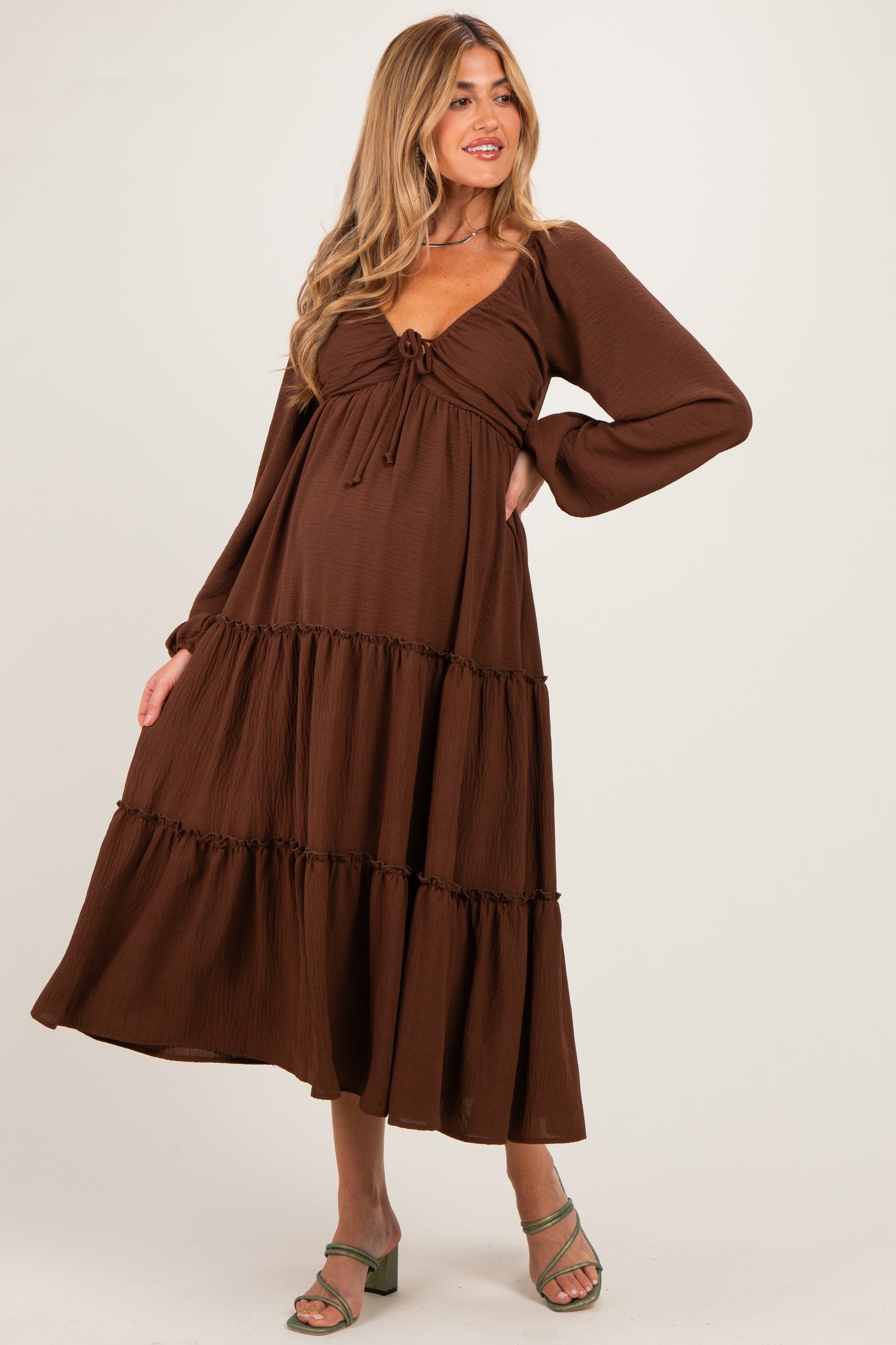 Brown Tiered Long Sleeve V-Neck Maternity Maxi Dress