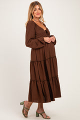 Brown Tiered Long Sleeve V-Neck Maternity Maxi Dress