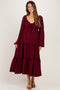 Burgundy Tiered Long Sleeve V-Neck Maternity Maxi Dress