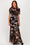 Black Floral Draped Mesh Ruched Maxi Dress