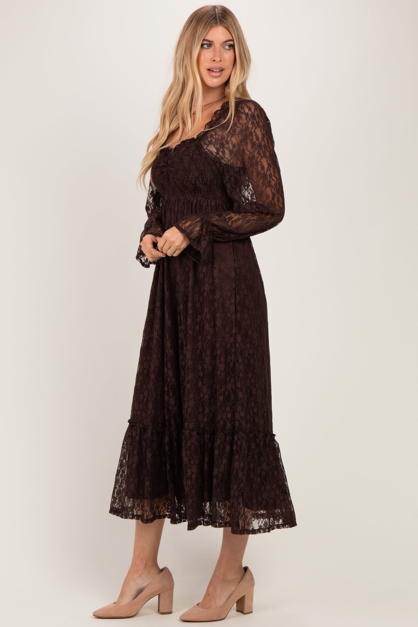 Brown Sweetheart Lace Long Sleeve Maxi Dress