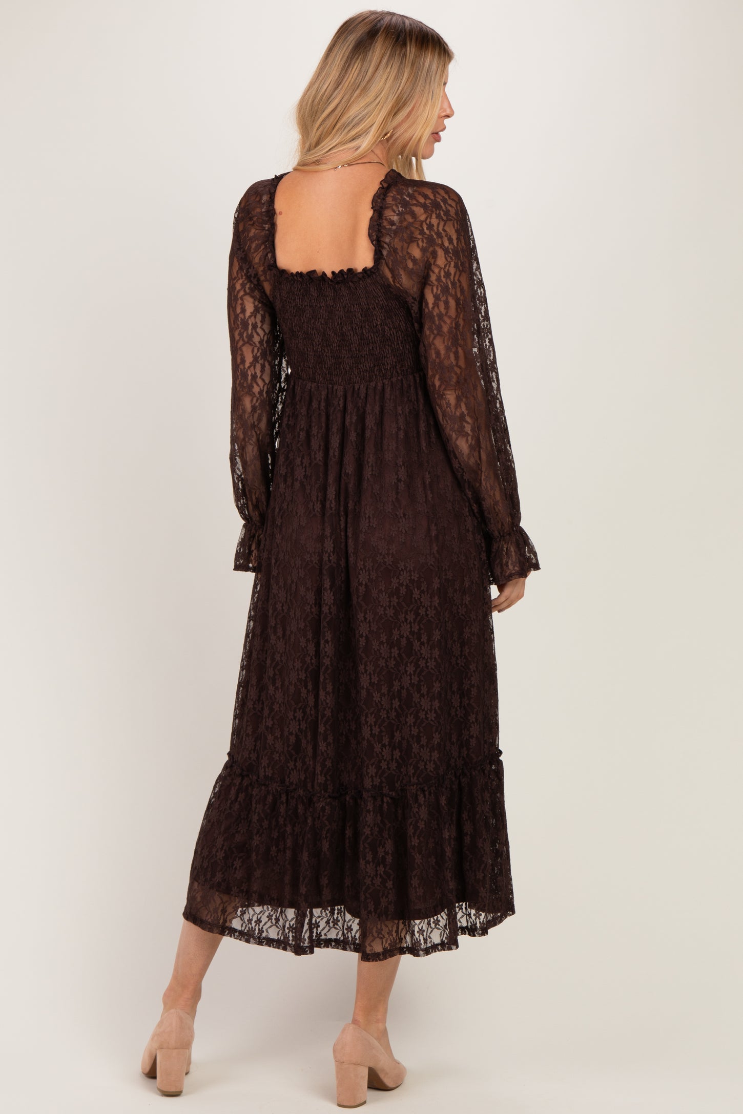 Brown Sweetheart Lace Long Sleeve Maxi Dress