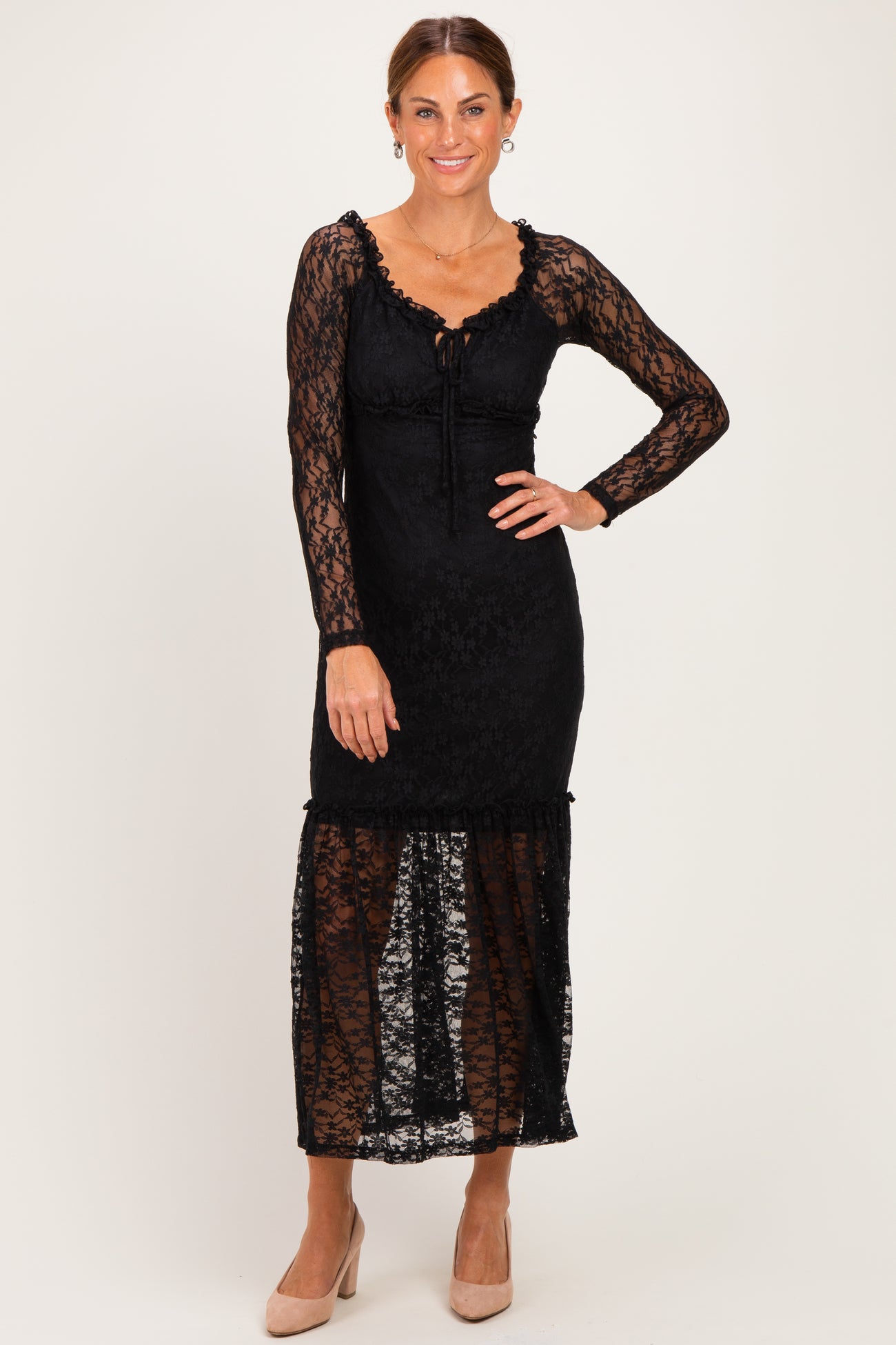 Black Off Shoulder Long Sleeve Boho Maternity Maxi Dress