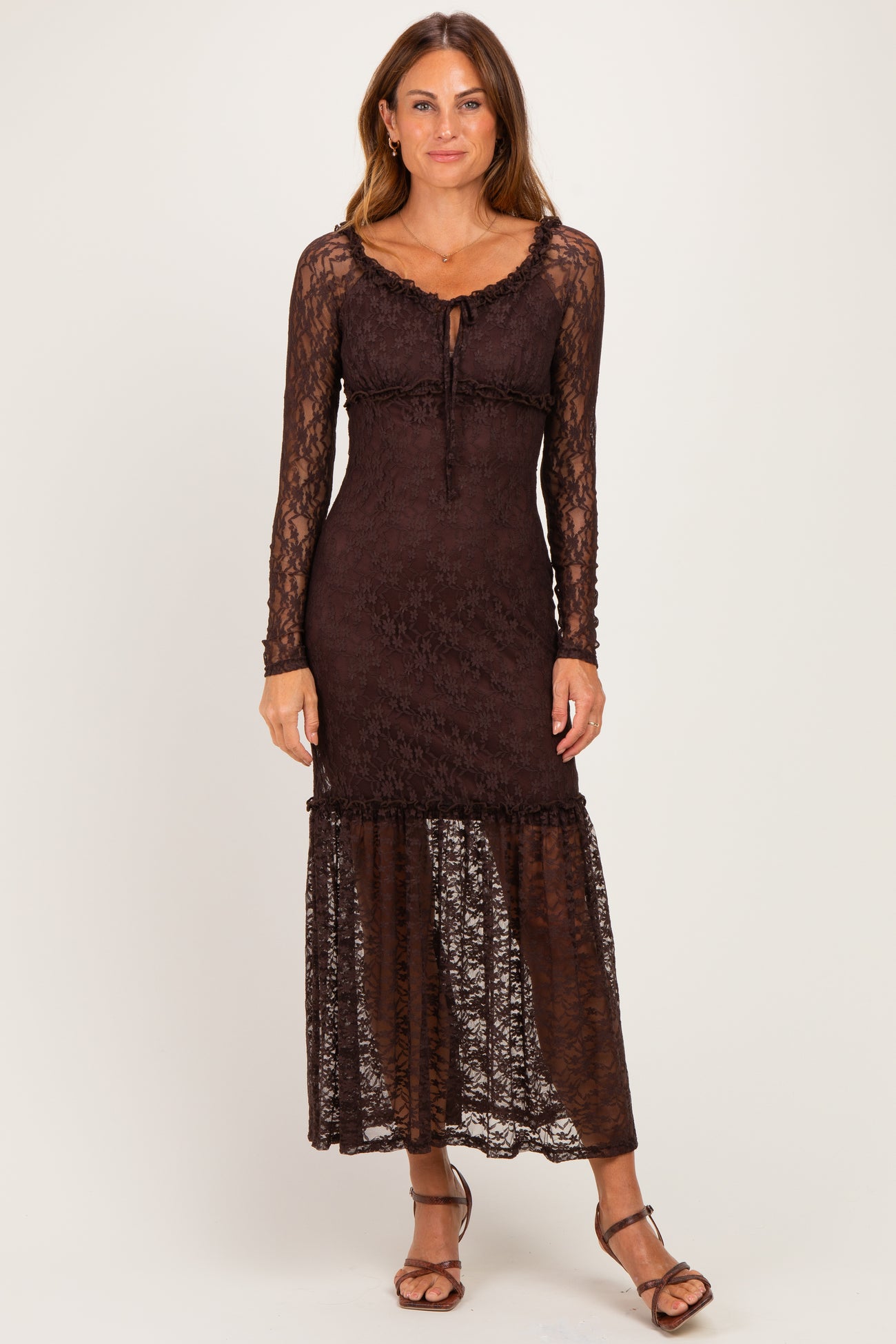 Brown Off Shoulder Long Sleeve Boho Maxi Dress