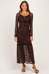 Brown Off Shoulder Long Sleeve Boho Maxi Dress