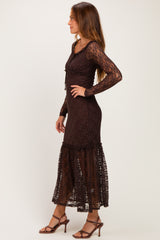 Brown Off Shoulder Long Sleeve Boho Maxi Dress