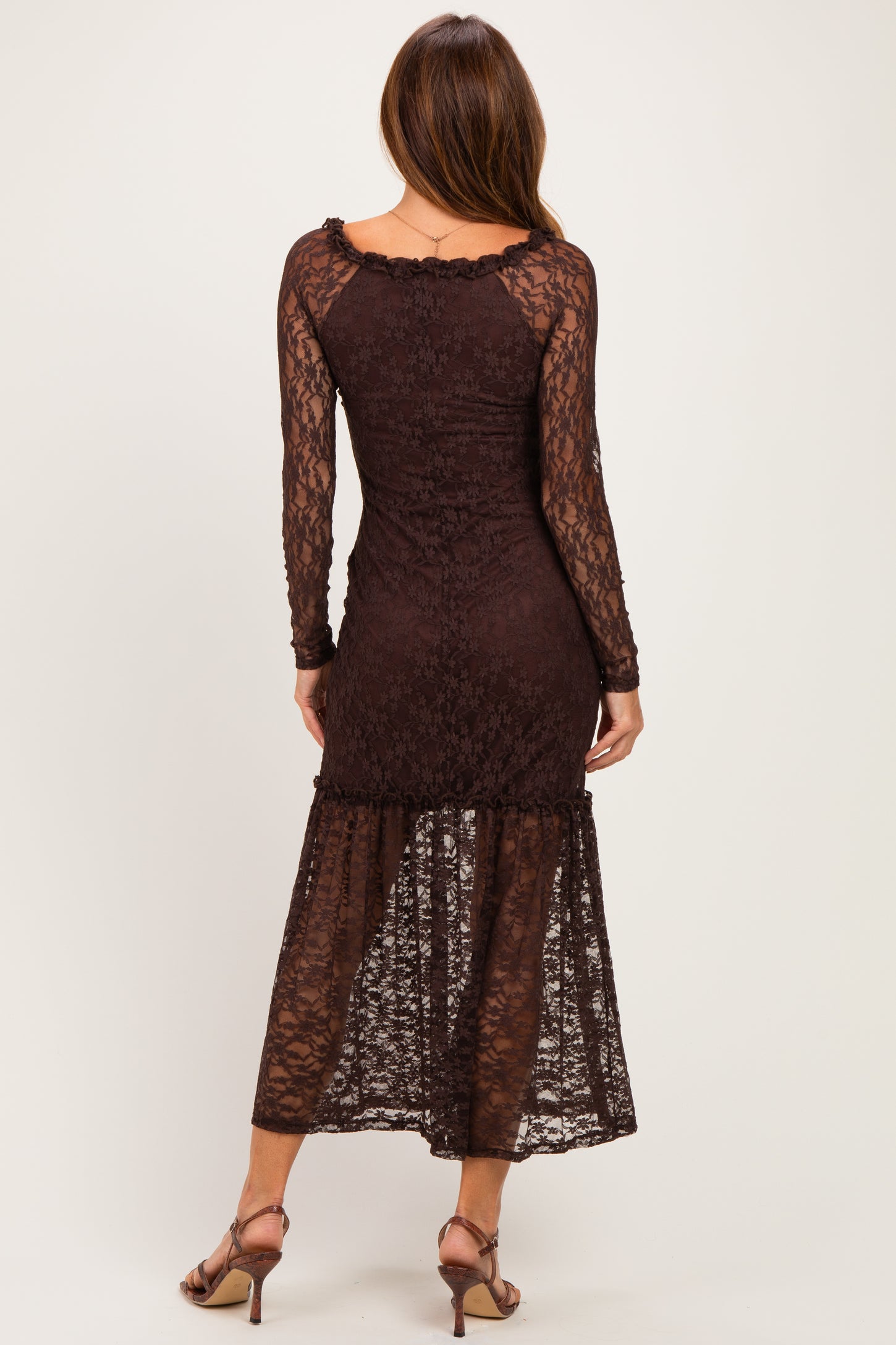 Brown Off Shoulder Long Sleeve Boho Maxi Dress