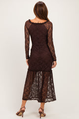 Brown Off Shoulder Long Sleeve Boho Maxi Dress