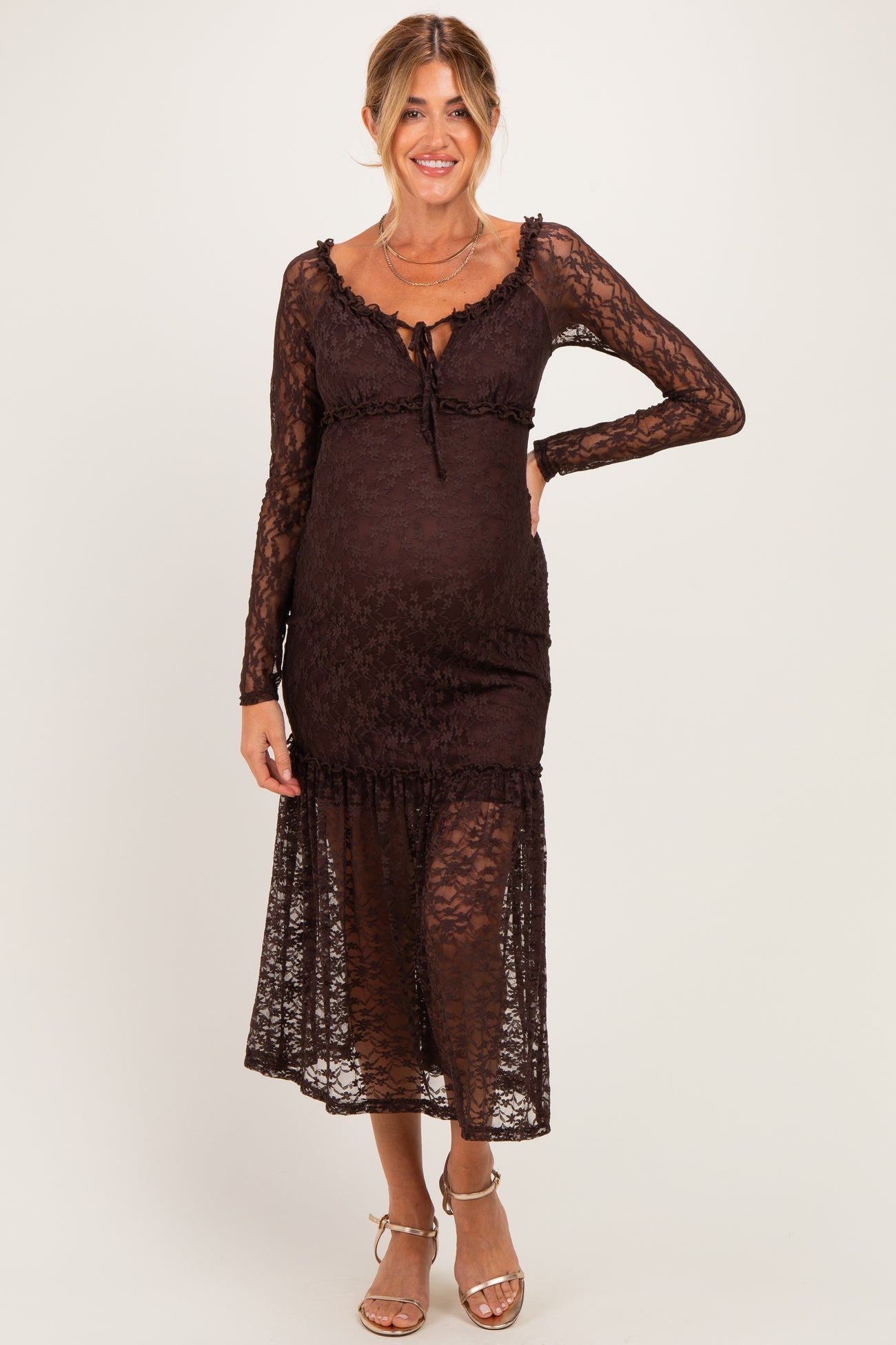 Brown Off Shoulder Long Sleeve Boho Maternity Maxi Dress