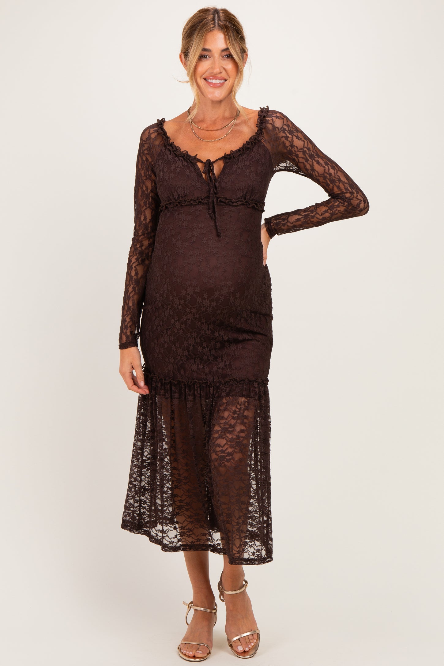 Brown Off Shoulder Long Sleeve Boho Maternity Maxi Dress