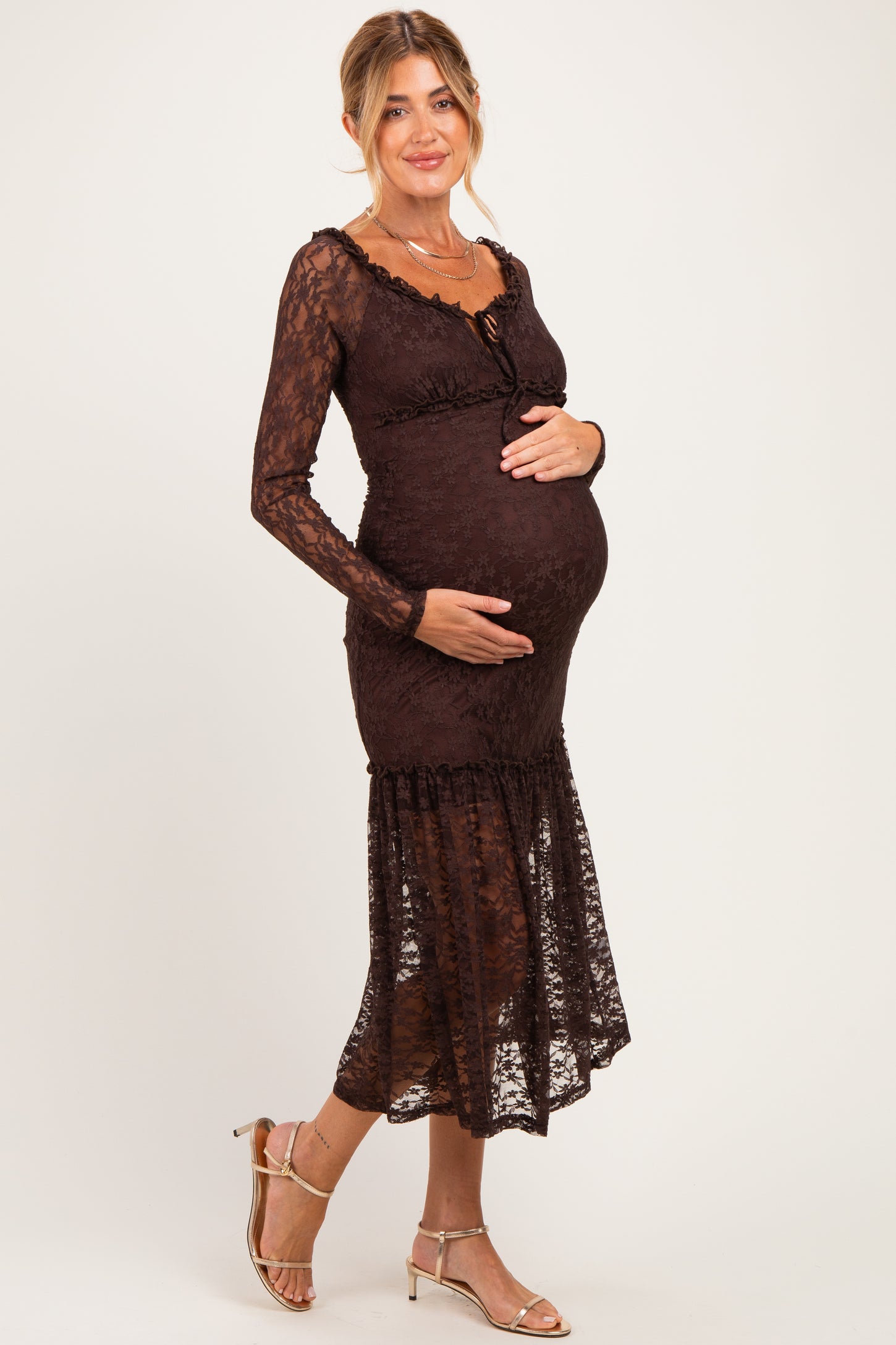 Brown Off Shoulder Long Sleeve Boho Maternity Maxi Dress