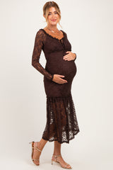 Brown Off Shoulder Long Sleeve Boho Maternity Maxi Dress