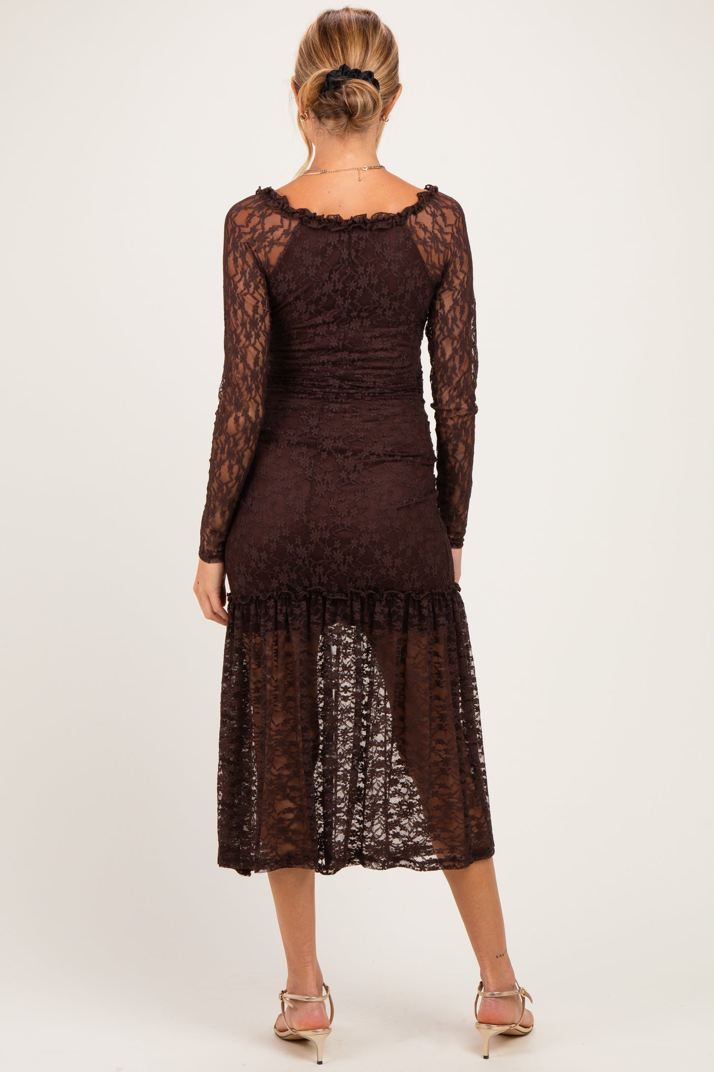 Brown Off Shoulder Long Sleeve Boho Maternity Maxi Dress
