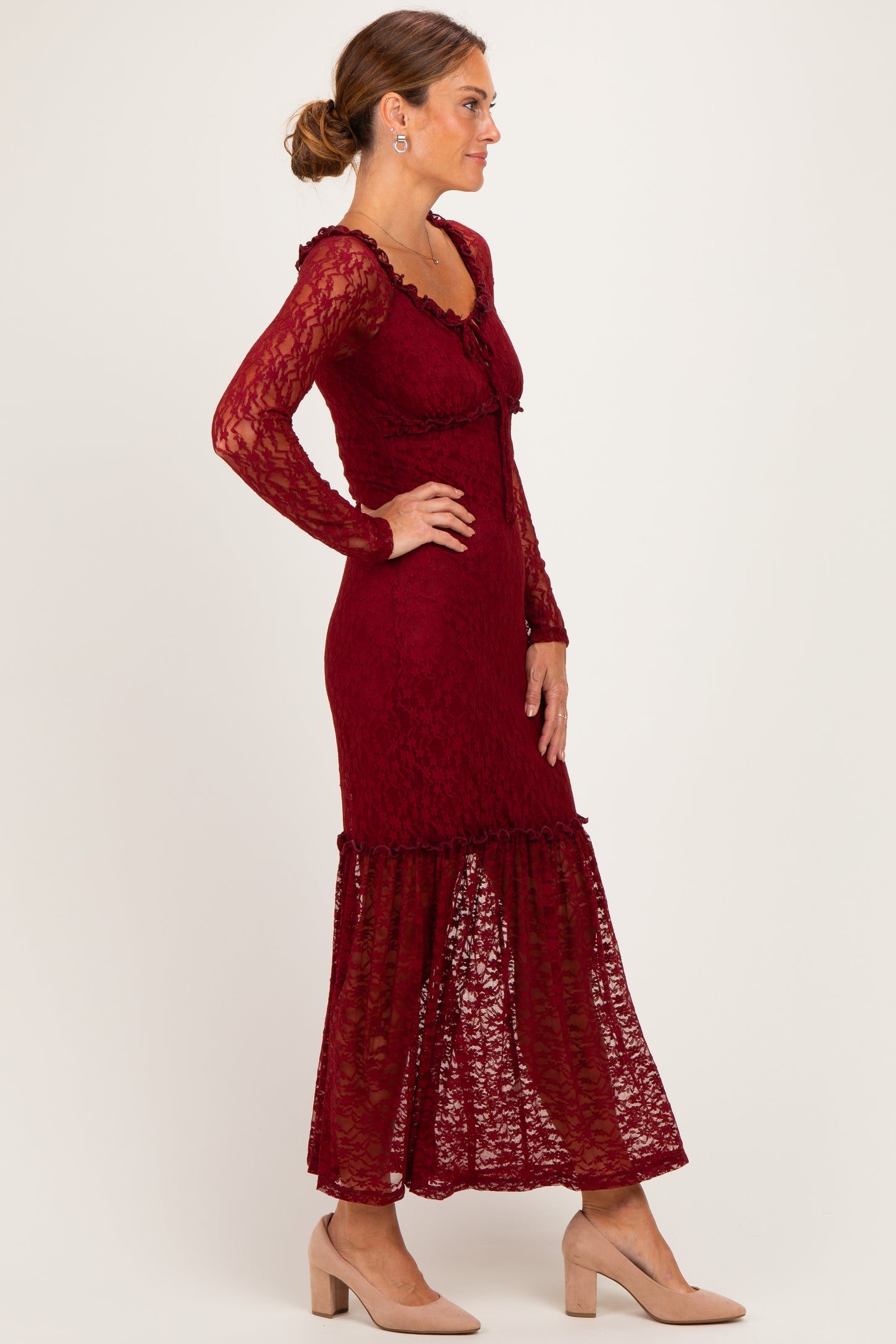 Burgundy Off Shoulder Long Sleeve Boho Maxi Dress