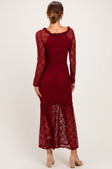 Burgundy Off Shoulder Long Sleeve Boho Maxi Dress