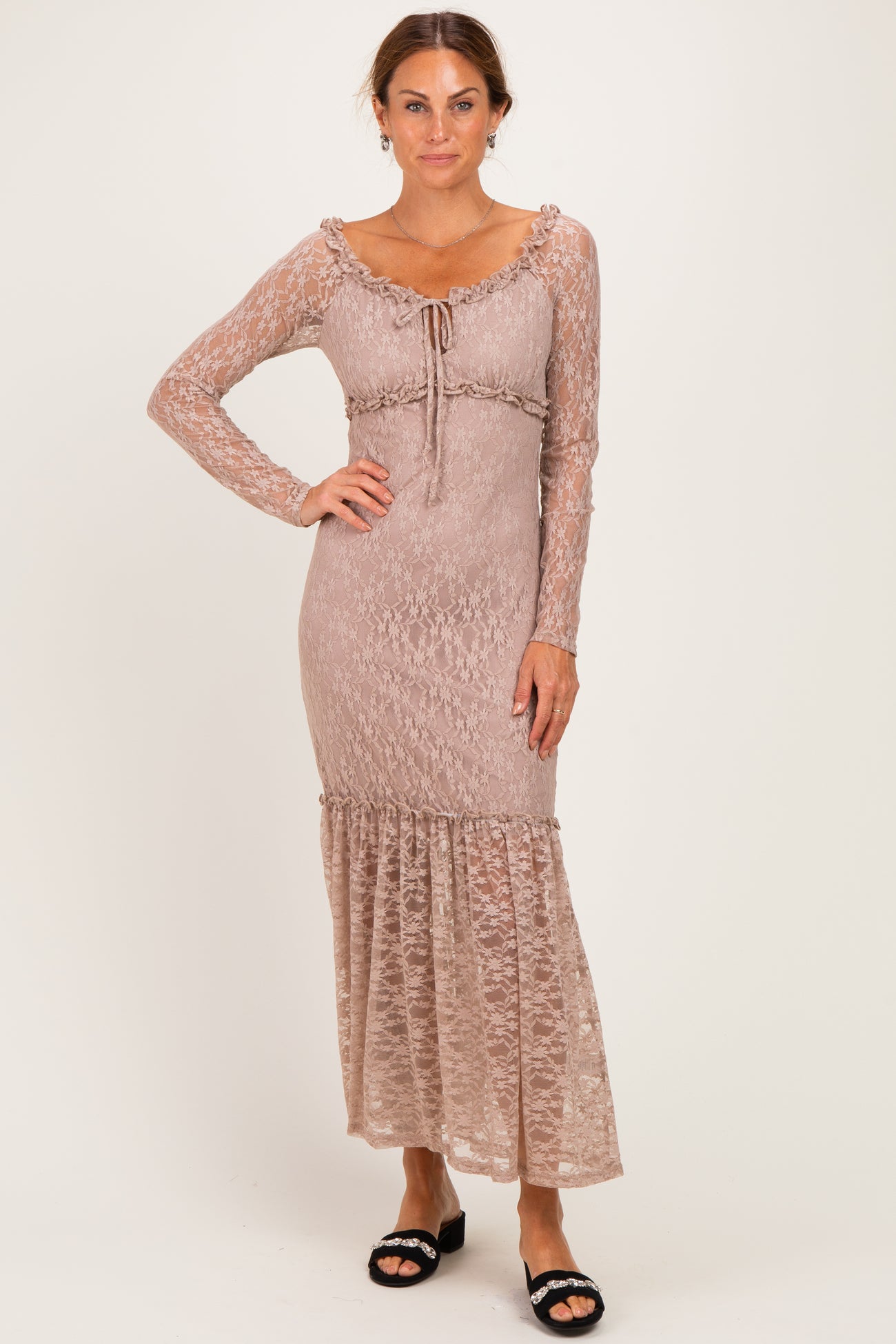 Mocha Off Shoulder Long Sleeve Boho Maxi Dress