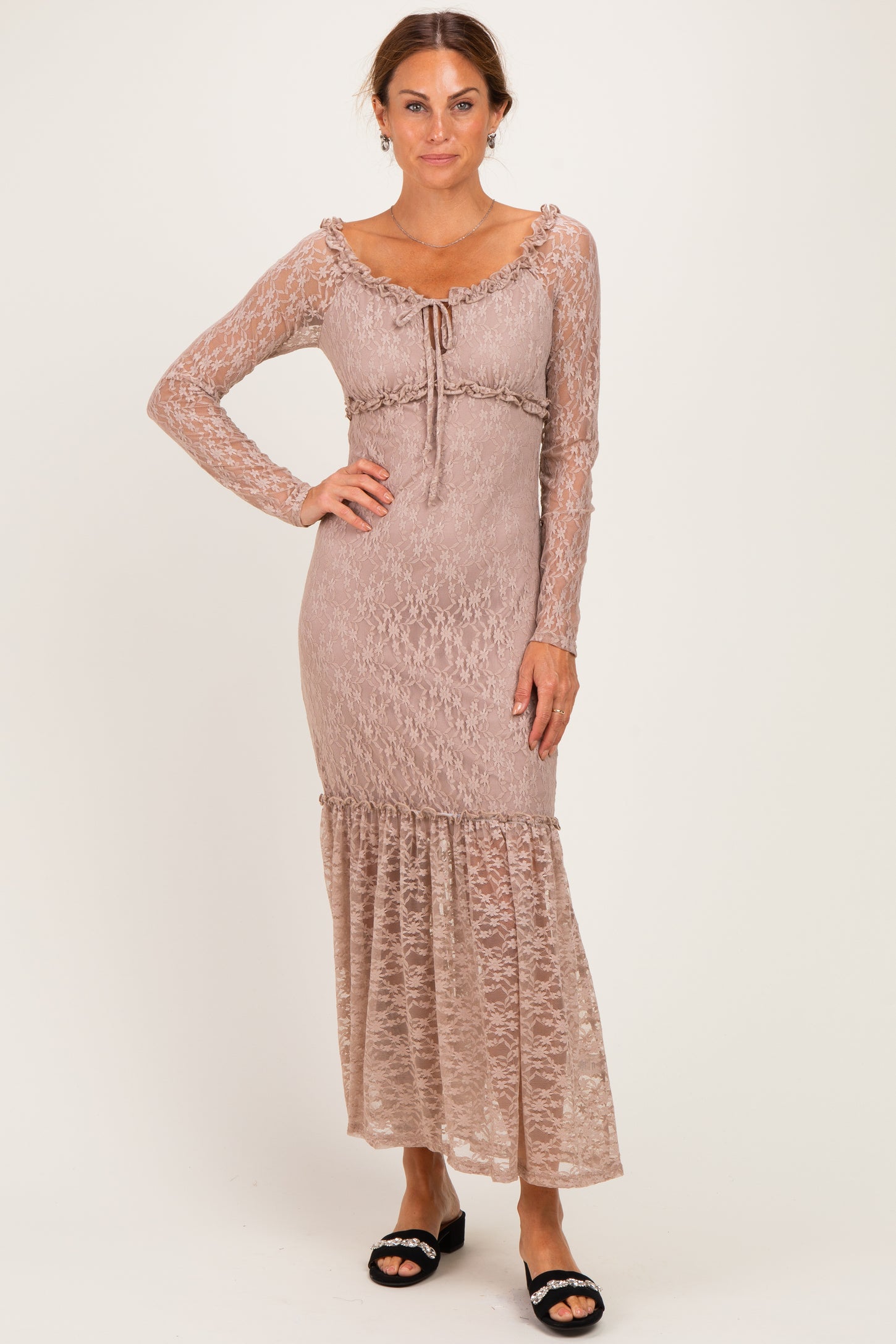 Mocha Off Shoulder Long Sleeve Boho Maxi Dress
