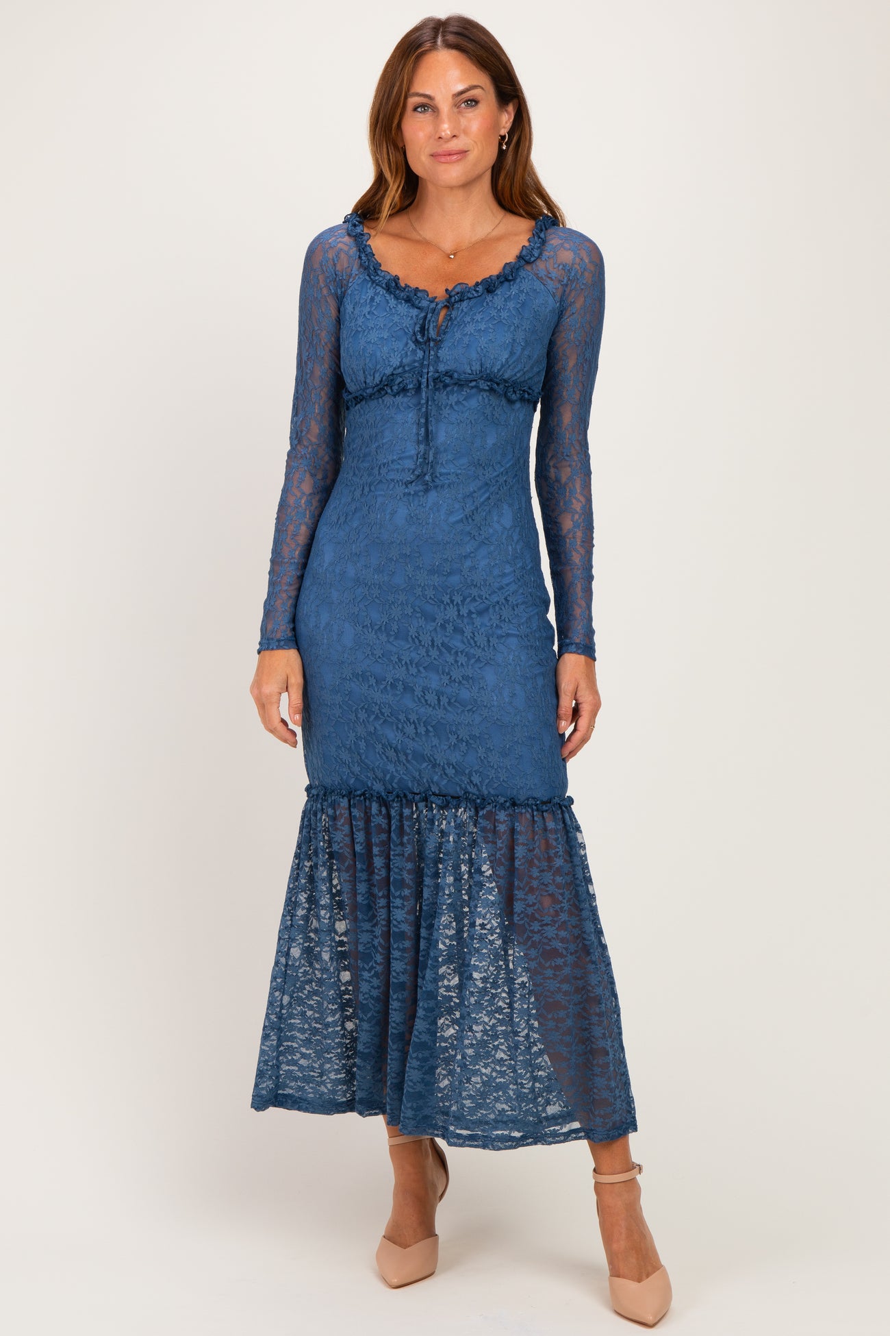 Blue Off Shoulder Long Sleeve Boho Maxi Dress