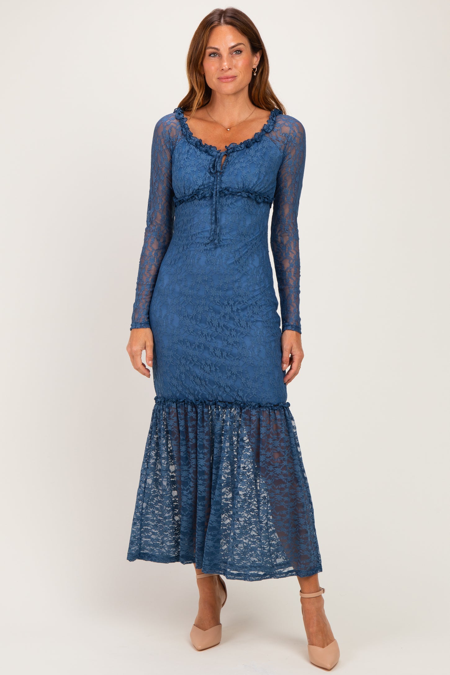Blue Off Shoulder Long Sleeve Boho Maxi Dress
