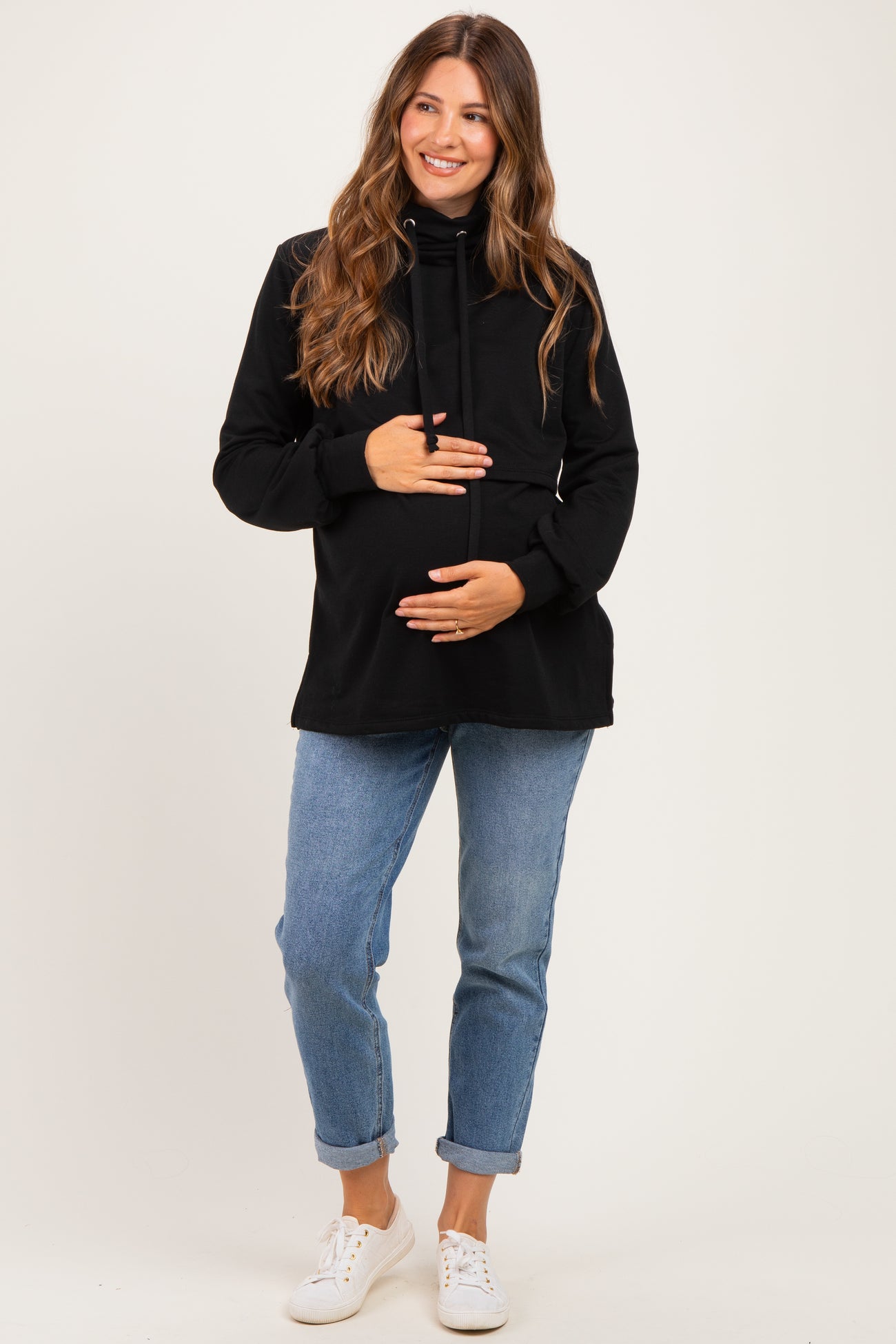Black Long Sleeve Drawstring Hooded Maternity Pullover