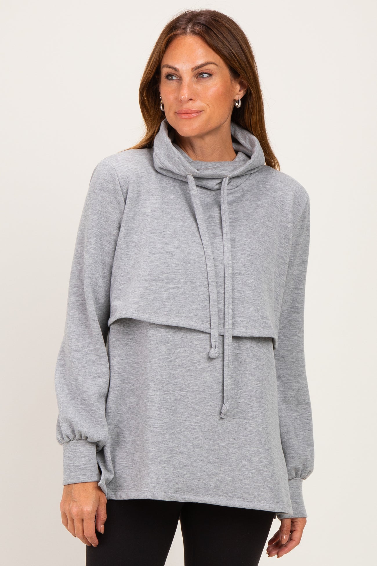 Gray Long Sleeve Drawstring Hooded Maternity Pullover