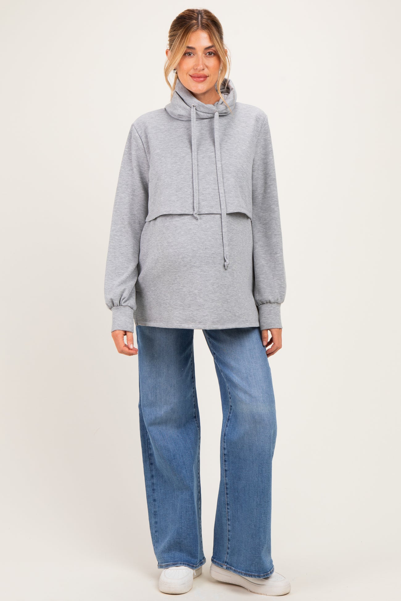 Gray Long Sleeve Drawstring Hooded Maternity Pullover