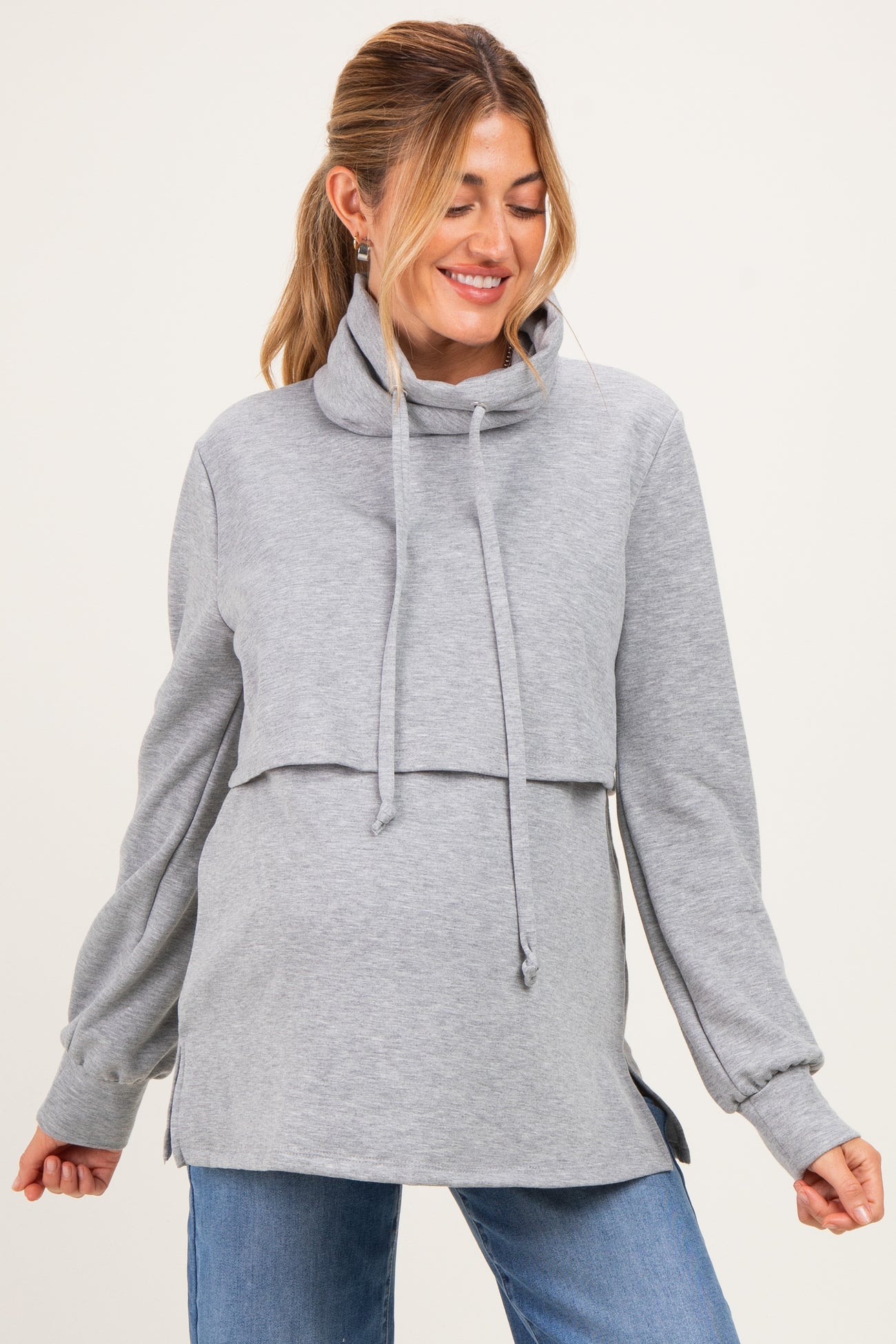Gray Long Sleeve Drawstring Hooded Maternity Pullover