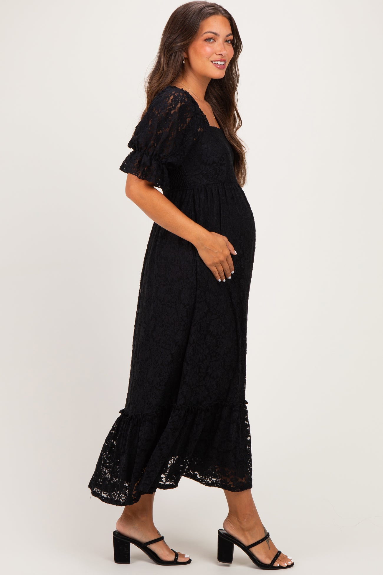 Black Floral Lace Square Neck Maternity Maxi Dress