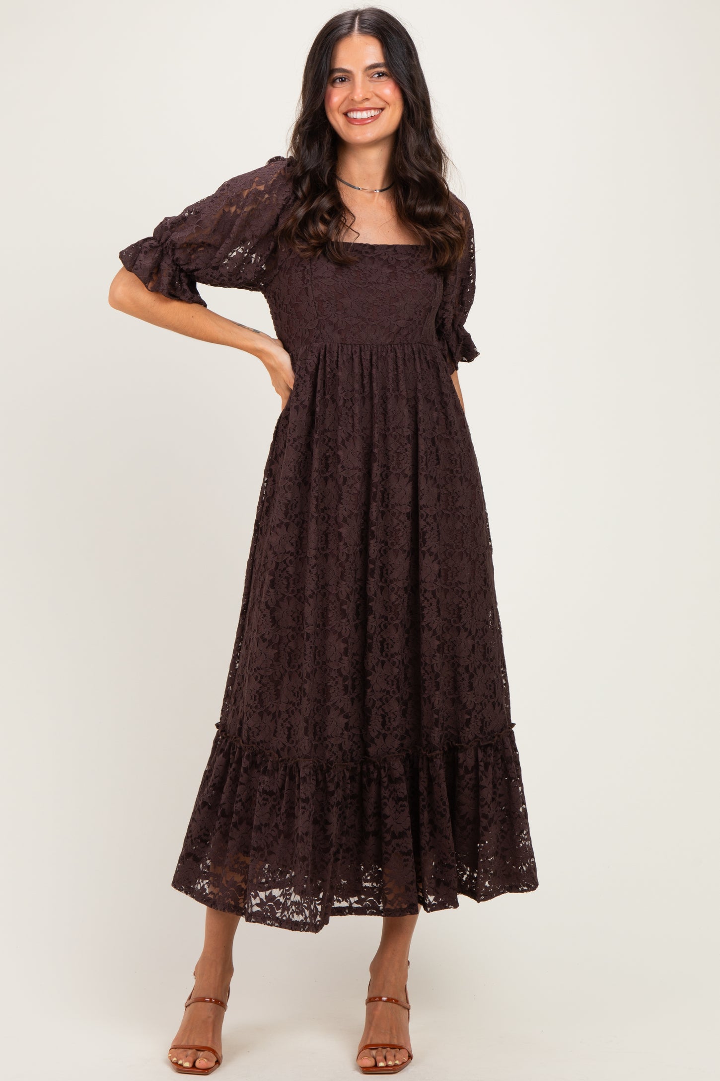 Brown Floral Lace Square Neck Maternity Maxi Dress