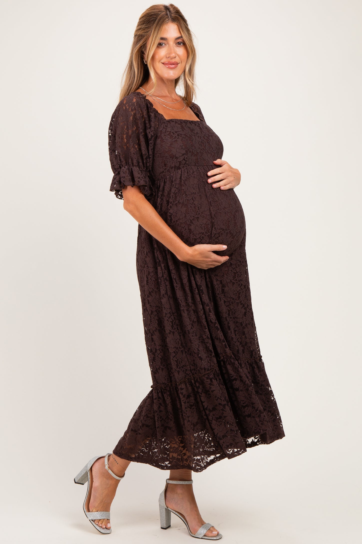 Brown Floral Lace Square Neck Maternity Maxi Dress