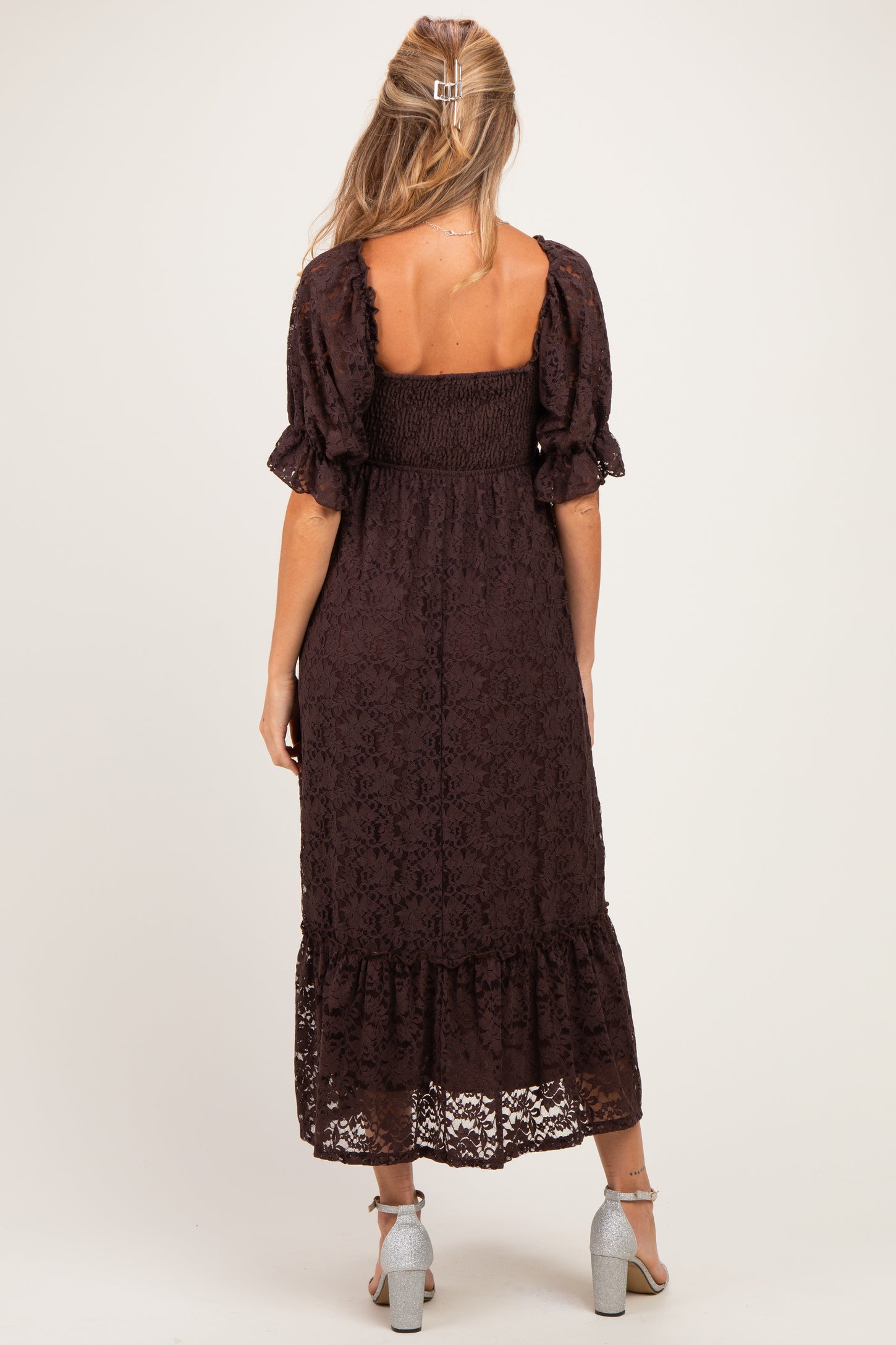Brown Floral Lace Square Neck Maternity Maxi Dress