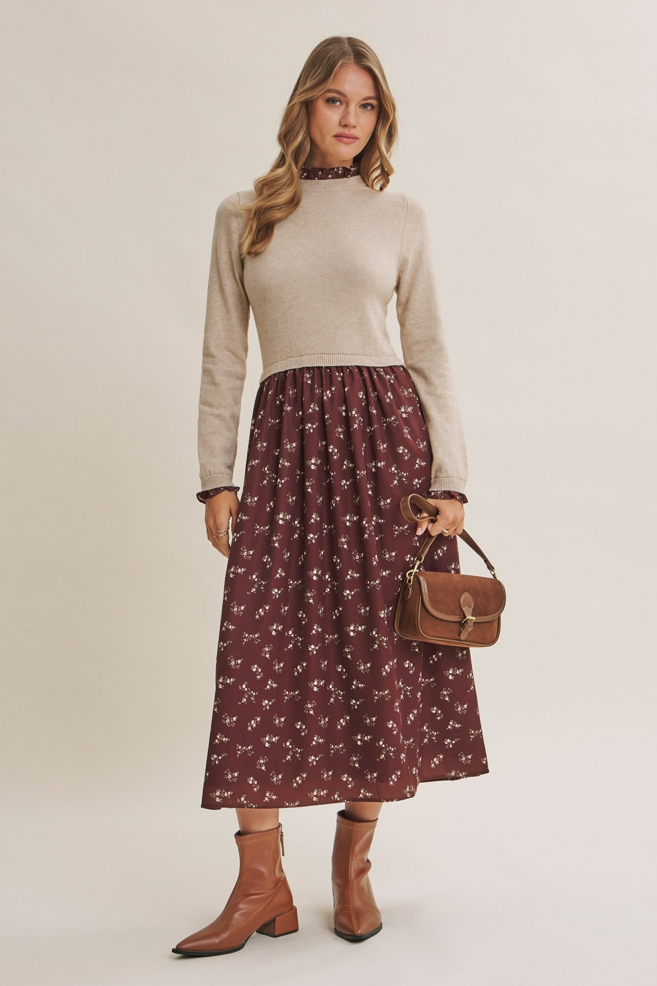 Mocha Floral Sweater Contrast Midi Dress
